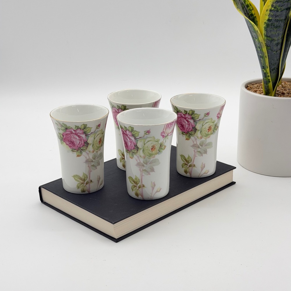 Vintage M.C. Co. Bavaria Hand Painted Pink Rose Porcelain Juice Tumblers Set 4